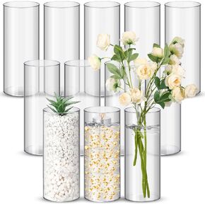 Nuogo 12 Pcs Acrylic Clear Cylinder Vase 10 x 4 x 4 inches Plastic Cylindrical Flower Vases for Wedding Centerpieces Home Decorations Opening Round