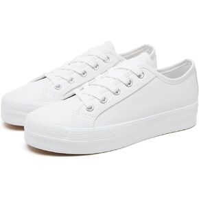 THATXUAOV Women's White Platform Shoes,PU Leather Sneaker for Women,Fashion Casual Tennis Shoes,Black Low Top Platform Walking for Women