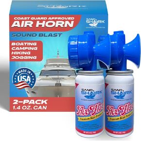 علبة SandShark 2PK Premium Boating Air Horn المحمولة، مضغوطة وبصوت عالٍ جدًا، معتمدة من خفر السواحل، استخدام في حالات الطوارئ للسلامة البحرية والمركبات المائية، الرياضة، الحفلات، التخييم، في الهواء الطلق، (2) 1.4oz in Kuwait