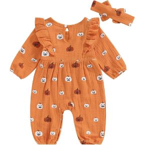 Newborn Baby Girl Halloween Outfit Pumpkin Print Ruffle Romper Cotton Linen Jumpsuit Headband 2Pcs Fall Clothes