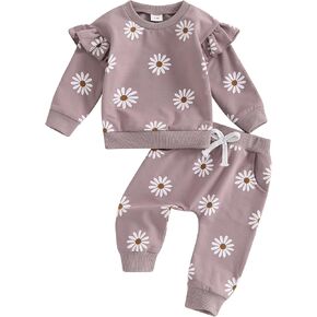 Infant Baby Girl Fall Outfit Long Sleeve Print Sweatshirt + Cute Pants Toddler Girl Winter Spring Clothes (White-Purple, 6-12 Months)