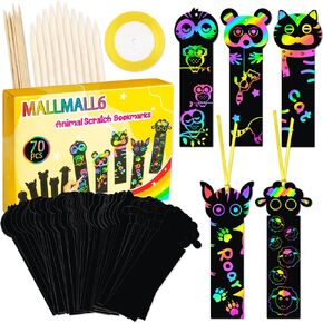 MALLMALL6 70Pcs Animal Scratch Bookmarks Rainbow Scratch DIY Hang Tags Party Favors Theme Birthday Party Classroom School Supplies Decorations Crafts Kit for Kids