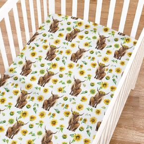 Watercolor Highland Cows Poppy Baby Crib Sheets for Boy Girl 52"x28" Highland Yak Boho Flowers Leaves Fitted Crib Mattress Sheet Soft Nursery Baby Sheets for Standard Crib and Toddler Mattress