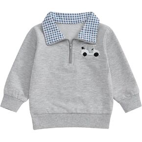 Toddler Baby Boy Golf Outfit Long Sleeve Hole In One Embroidery Polo Sweatshirt Plaid Lapel Quarter Zip Pullover Top