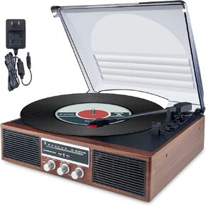 LUXSWAY Vinyl Record Player Bluetooth Turntable with Built-in Speakers, 3-Speed, Remote Control Belt Drive Vintage LP Phonograph Player Supports USB/RCA Line-Out/AUX-in/FM/Headphone Jack- Brown