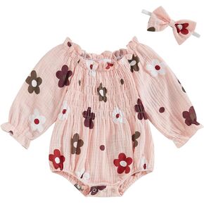 Newborn Baby Girl Clothes Floral Long Sleeve Bubble Romper Cotton Linen Smocked Bodysuit Jumpsuit with Headband