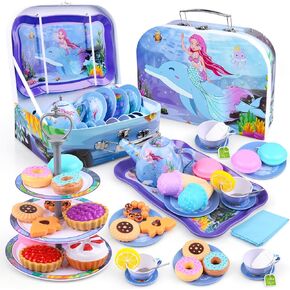 Auney 36 PCS Tea Set Toys for Girls,Tin Unicorn Toys Tea Party Pretend Play for Little Girls,Kids Real Littles for Tea Time with Tea Filter Bags and Lemon Slices,13 PCS Dessert Toys for Kids