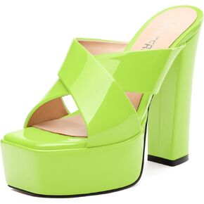 SKYSTERRY Women's Platform Heels 5.1-Inch High Chunky Block Wedges Heel Square Open Toe Sandals Patent Comfortable Slip On Cross-Strap Dressy Pumps Shoes