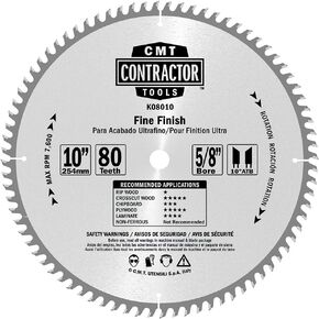 CMT K08010 ITK Contractor Finishing Saw Blade and 10 X 80 Teeth, 10-Degree ATB with 5/8-Inch Bore