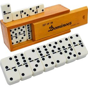 Queensell Dominoes Set for Adults - Domino Set for Classic Board Games - Dominoes Double 6 for Family Games - Double Six Standard Dominos Set 28 Tiles with Brown Wood Case