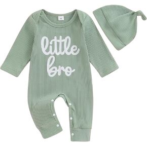 Chloefairy Little Brother Newborn Outfit Baby Boy Romper Little Bro Long Sleeve Ribbed Knit Jumpsuit Hat Coming Home Outfit