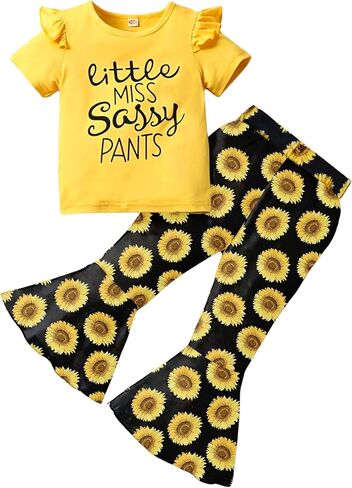 Toddler Baby Girls Bell Bottoms Outfit - Cute Summer Clothes Letter Print Ruffle T-Shirt Top Floral Flared Pant Set in Saudi Arabia