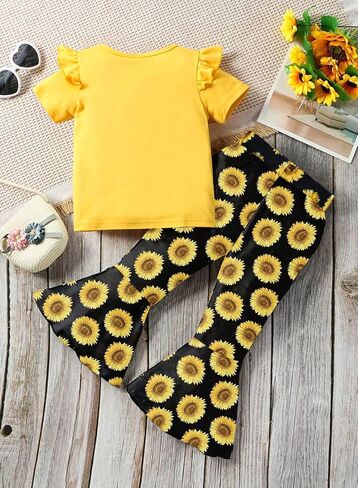 Toddler Baby Girls Bell Bottoms Outfit - Cute Summer Clothes Letter Print Ruffle T-Shirt Top Floral Flared Pant Set in Saudi Arabia