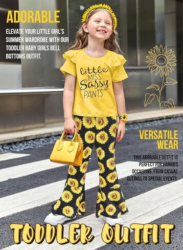 Toddler Baby Girls Bell Bottoms Outfit - Cute Summer Clothes Letter Print Ruffle T-Shirt Top Floral Flared Pant Set in Saudi Arabia