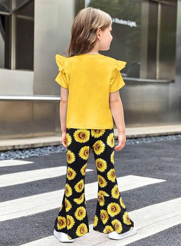 Toddler Baby Girls Bell Bottoms Outfit - Cute Summer Clothes Letter Print Ruffle T-Shirt Top Floral Flared Pant Set in Saudi Arabia