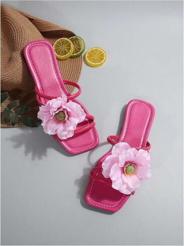 GORGLITTER Women's Applique Flowers Strappy Slides Sandal Dressy Leather Square Toe Wide Width Sandals in Saudi Arabia