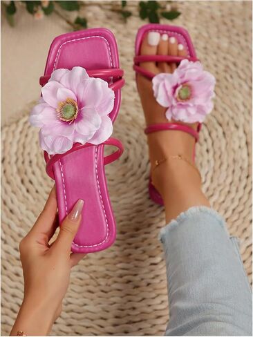 GORGLITTER Women's Applique Flowers Strappy Slides Sandal Dressy Leather Square Toe Wide Width Sandals in Saudi Arabia