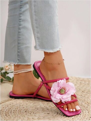 GORGLITTER Women's Applique Flowers Strappy Slides Sandal Dressy Leather Square Toe Wide Width Sandals in Saudi Arabia