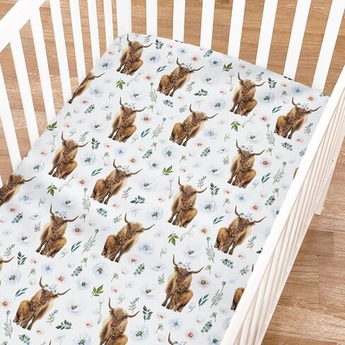 Watercolor Highland Cows Poppy Baby Crib Sheets for Boy Girl 52"x28" Highland Yak Boho Flowers Leaves Fitted Crib Mattress Sheet Soft Nursery Baby Sheets for Standard Crib and Toddler Mattress in Saudi Arabia