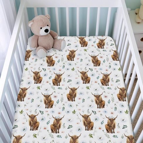 Watercolor Highland Cows Poppy Baby Crib Sheets for Boy Girl 52"x28" Highland Yak Boho Flowers Leaves Fitted Crib Mattress Sheet Soft Nursery Baby Sheets for Standard Crib and Toddler Mattress in Saudi Arabia
