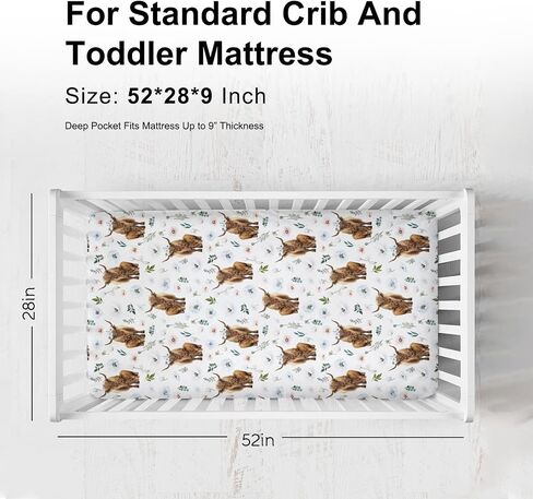 Watercolor Highland Cows Poppy Baby Crib Sheets for Boy Girl 52"x28" Highland Yak Boho Flowers Leaves Fitted Crib Mattress Sheet Soft Nursery Baby Sheets for Standard Crib and Toddler Mattress in Saudi Arabia