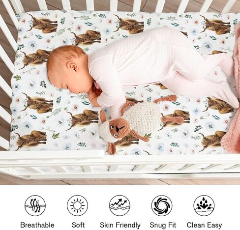 Watercolor Highland Cows Poppy Baby Crib Sheets for Boy Girl 52"x28" Highland Yak Boho Flowers Leaves Fitted Crib Mattress Sheet Soft Nursery Baby Sheets for Standard Crib and Toddler Mattress in Saudi Arabia