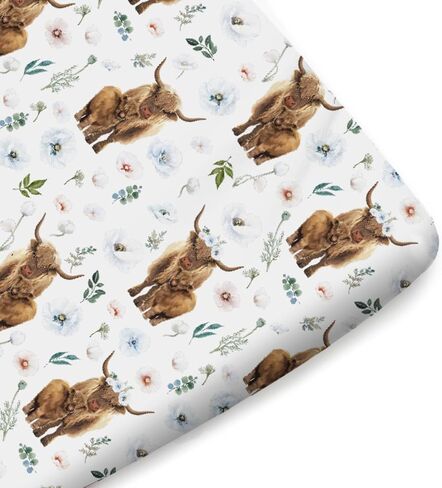Watercolor Highland Cows Poppy Baby Crib Sheets for Boy Girl 52"x28" Highland Yak Boho Flowers Leaves Fitted Crib Mattress Sheet Soft Nursery Baby Sheets for Standard Crib and Toddler Mattress in Saudi Arabia