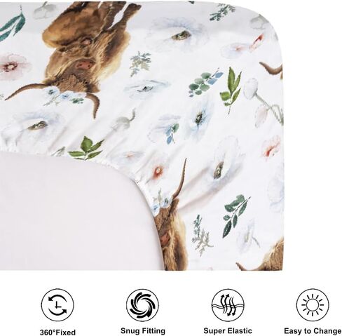Watercolor Highland Cows Poppy Baby Crib Sheets for Boy Girl 52"x28" Highland Yak Boho Flowers Leaves Fitted Crib Mattress Sheet Soft Nursery Baby Sheets for Standard Crib and Toddler Mattress in Saudi Arabia