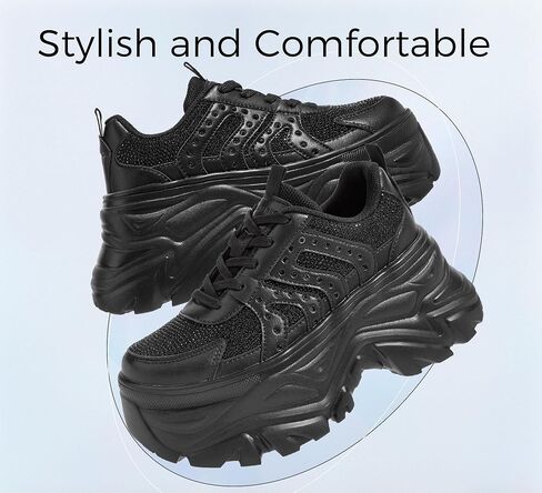 LUCKY STEP Women's Rhinestone Chunky Sneakers Breathable Lace-Up Platform Walking Sneakers Fashion Casual Dad Shoes in Saudi Arabia