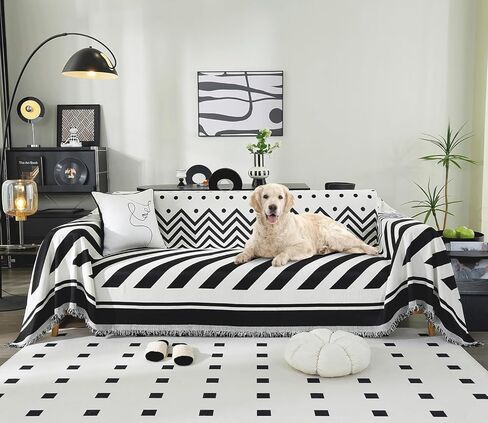 غطاء أريكة Tritard Boho، أغطية أريكة مقطعية مخططة قابلة للعكس، أغطية أريكة Loveseat باللون الأسود والأبيض، أغطية وسائد من الشنيل مع واقي أريكة قابل للغسل بشراشيب للكلاب وغطاء فوتون للحيوانات الأليفة (71 بوصة - 134 بوصة) in Kuwait