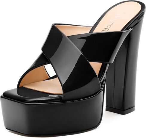 SKYSTERRY Women's Platform Heels 5.1-Inch High Chunky Block Wedges Heel Square Open Toe Sandals Patent Comfortable Slip On Cross-Strap Dressy Pumps Shoes in Saudi Arabia