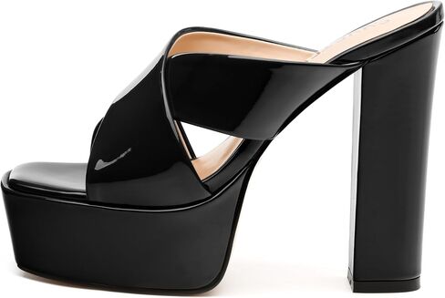 SKYSTERRY Women's Platform Heels 5.1-Inch High Chunky Block Wedges Heel Square Open Toe Sandals Patent Comfortable Slip On Cross-Strap Dressy Pumps Shoes in Saudi Arabia