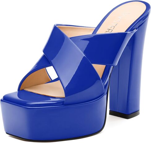SKYSTERRY Women's Platform Heels 5.1-Inch High Chunky Block Wedges Heel Square Open Toe Sandals Patent Comfortable Slip On Cross-Strap Dressy Pumps Shoes in Saudi Arabia