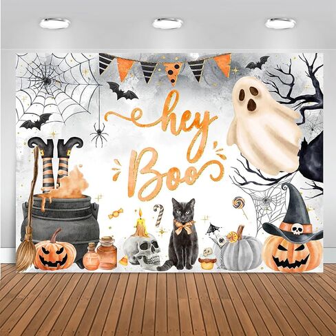 Mocsicka Halloween 1st Birthday Backdrop Hey Boo First Halloween Theme Birthday Party Decorations Banner Spooky Ghost Little Boo Party Backdrops (Orange, 7x5ft(82''x60'')) in Saudi Arabia