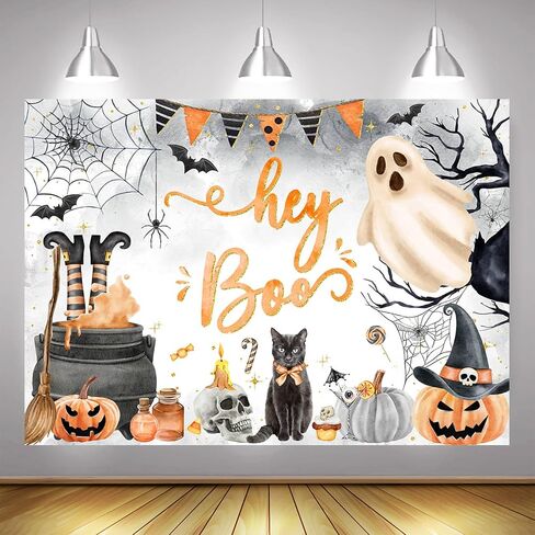 Mocsicka Halloween 1st Birthday Backdrop Hey Boo First Halloween Theme Birthday Party Decorations Banner Spooky Ghost Little Boo Party Backdrops (Orange, 7x5ft(82''x60'')) in Saudi Arabia