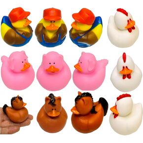 Around The Farm Rubber Ducks (12 Pack) Farmer, Chicken, Pig, Horse Figure Duckies, Bath Tub Toys and Jeep Duck Ducking