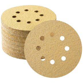 Shaywa 50 PCS 80 Grit 5 Inch 8 Hole Hook and Loop Gold Sanding Discs Orbital Sander Pads Sandpaper for Orbital Sander Sand Paper for Automotive and Woodworking