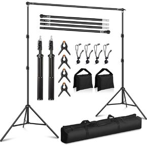 10 x 6.9 Ft Photo Backdrop Support Stand, Adjustable Background Stand, Backdrop Support System Kit for Parties Screen Back Drops Events Decoration, with 4 Clamps, 4 Clips, 2 Sandbags, Carry Bag