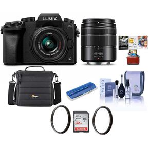 Panasonic Lumix DMC-G7 Mirrorless Camera with Lumix G Vario 14-42mm and 45-150mm Lenses Lens, Black - Bundle with Camera Case, 32GB SDHC Card, 46mm/52mm UV Filters, Mac Software Pack and More