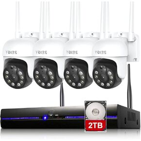 نظام كاميرا أمان REIGY 5MP WIFI مع محرك أقراص ثابتة سعة 2 تيرابايت مثبت مسبقًا، مجموعة مراقبة منزلية خارجية 4K 10CH NVR + 4X 1920P IP PT Cam، لون صوتي ثنائي الاتجاه، رؤية ليلية، كشف الحركة