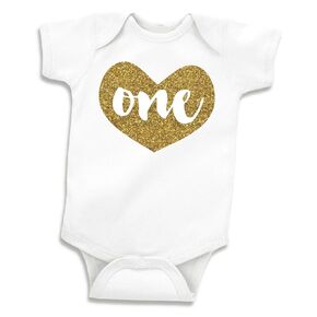 Bump and Beyond Designs Baby Girls First Birthday Outfit for One Year Old - One Gold Glitter Heart Shirt (12-18 Months)