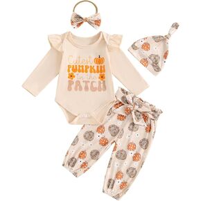 Newborn Baby Boy Girl Fall Clothes Pumpkin Long Sleeve Romper Pants Set Beanie Hat Headband Infant Halloween Outfit