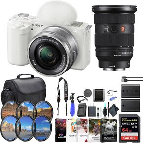 Sony ZV-E10 Mirrorless Camera with 16-50mm Lens White ILCZV-E10L/W, Sony FE 24-70mm Lens, 64GB Memory Card, Filter Kit, External Charger, NPF-W50 Battery, Card Reader, and More