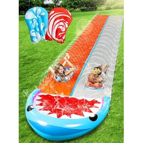 Sloosh 21ft Slip Slide 2 Person Deluxe Water Slides with 2 Boogie Boards Backyard Outdoor Waterslide 2 Sliding Racing Lanes with Sprinklers Summer Toy 21ft x 62in, Shark