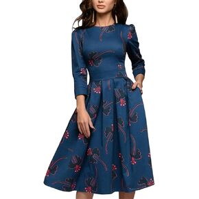 Simple Flavor Women's Floral Evening Flare Vintage Midi Dress 3/4 Sleeve