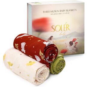 Three Muslin Swaddle Blankets (3 Pack), 47 x 47 inch, Organic Cotton, Large Soft Breathable Swaddle Blanket, Receiving Blankets, Nursing Cover, Changing Pad, Presentation Box