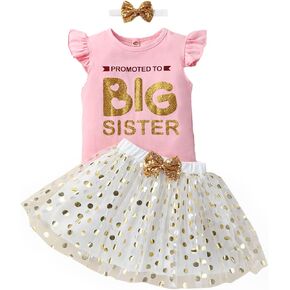 Toddler Baby Girl Promoted Big Sister Outfits Short Sleeve T-Shirt +Dot Mesh Tutu Skirt +Headband Clothing Set