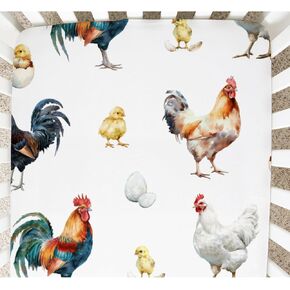 Farm Rooster Hen Chicken Fitted Baby Crib Sheets for Standard Crib Toddler Mattress Sheets Neutral Boys Girls Fitted Crib Sheet Toddler Bed Sheet Stretchy Sheet Set Mattress Cover 52''x28''