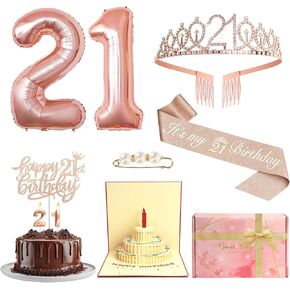 8pcs 20th Birthday Decorations for Girls - Including 20 Birthday Cake Topper, Balloons, Queen Sash, Crown and Candle Set and Cake Folding Greeting Card, Beautiful Gift Box, Rose Gold