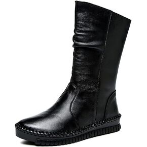WENOREG Women's Hand Stitching Pleated Flat Mid Calf Boots,Fashion Leather Stitching Side Zipper Comfort Outdoor Anti-slip Work Walking Winter Boots Keep Warm Plush Lining Platform Boots